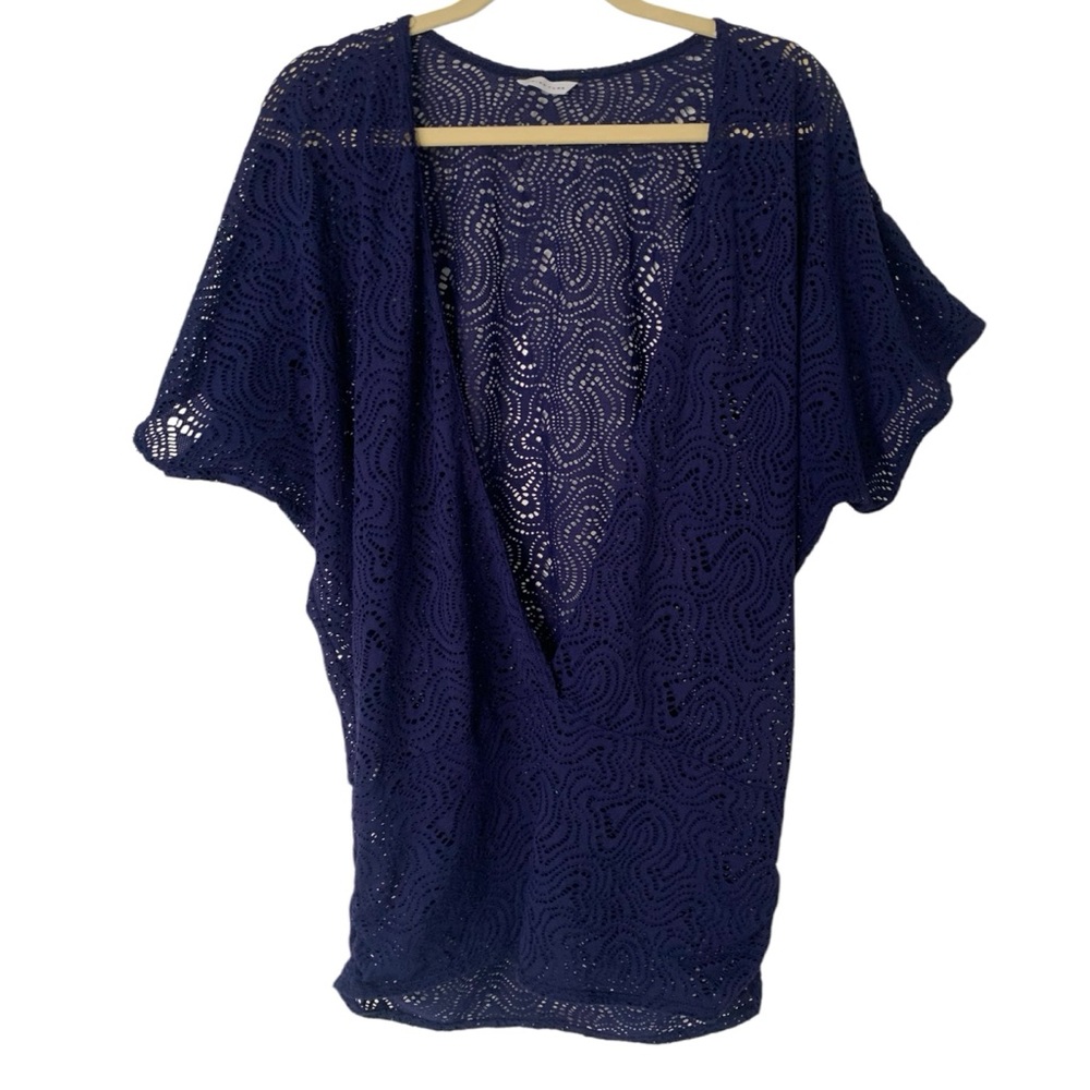 Trina Turk Navy Blue Medium Lace Swim Resort Beach Deep V Front Cover-Up